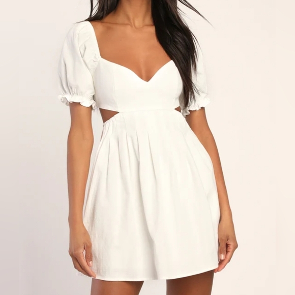 Lulus Love the Feeling White Puff Sleeve Lace-Up Cutout Linen Mini Dress, XS - Picture 1 of 13